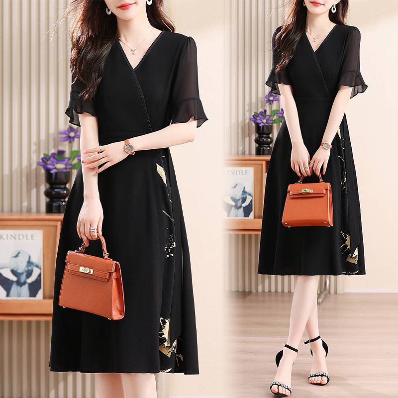 Middle-aged chiffon short sleeve summer light dress for women