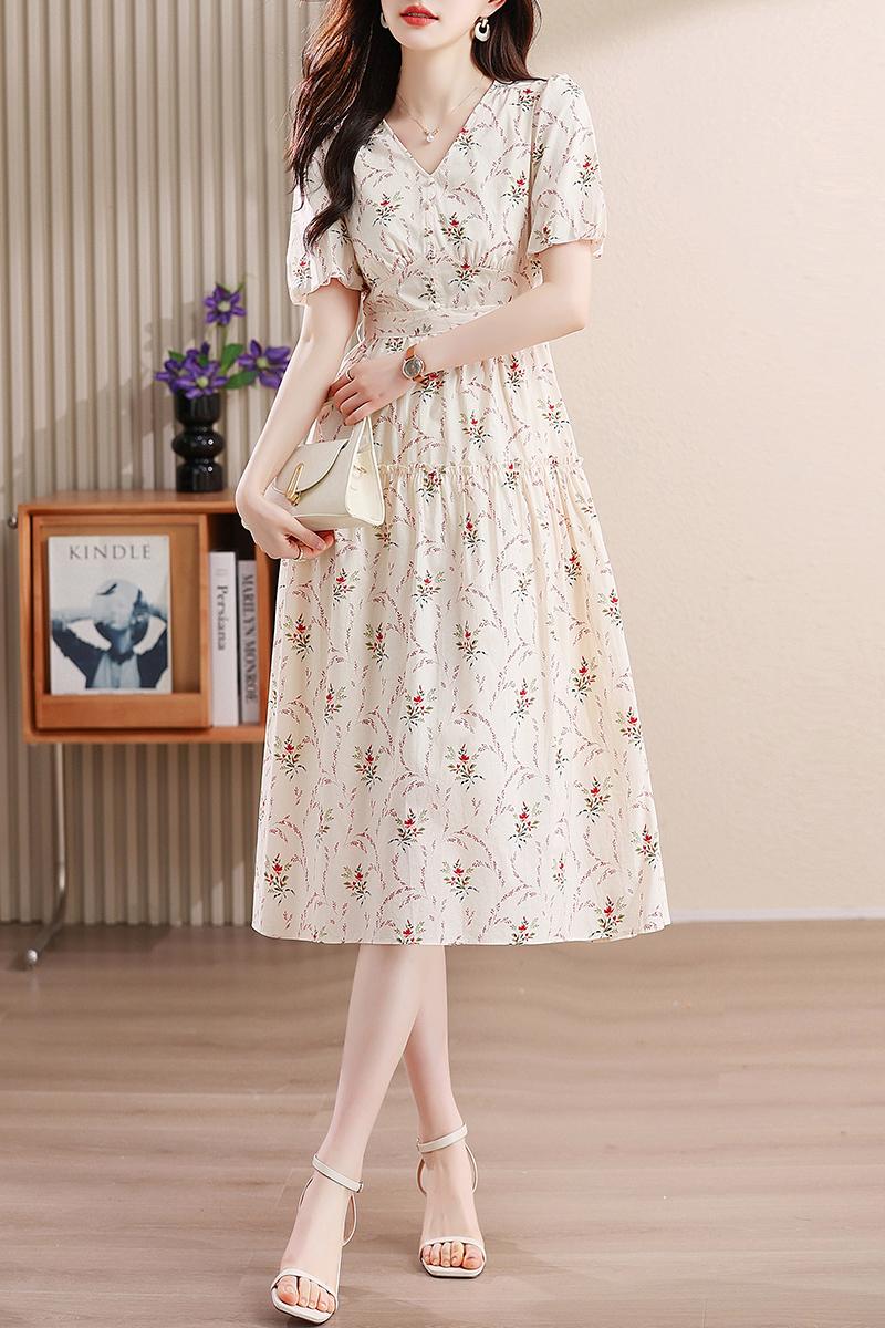 Pinched waist puff sleeve France style summer dress for women