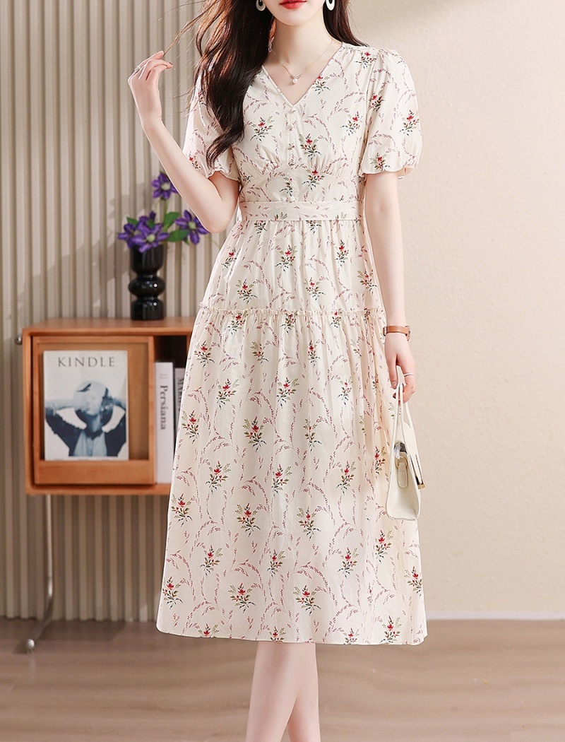 Pinched waist puff sleeve France style summer dress for women