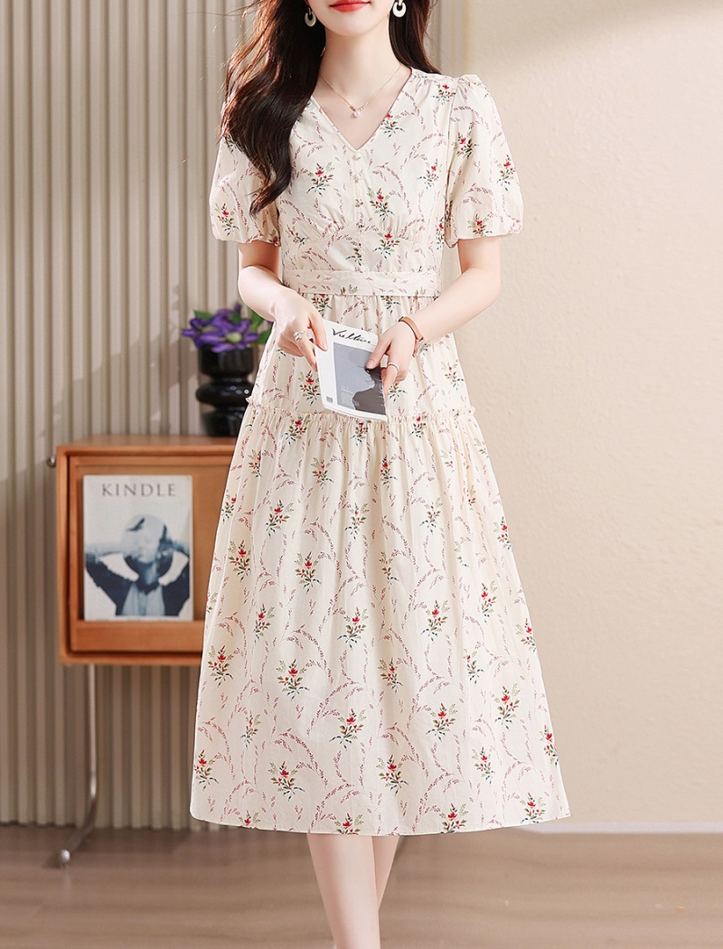 Pinched waist puff sleeve France style summer dress for women