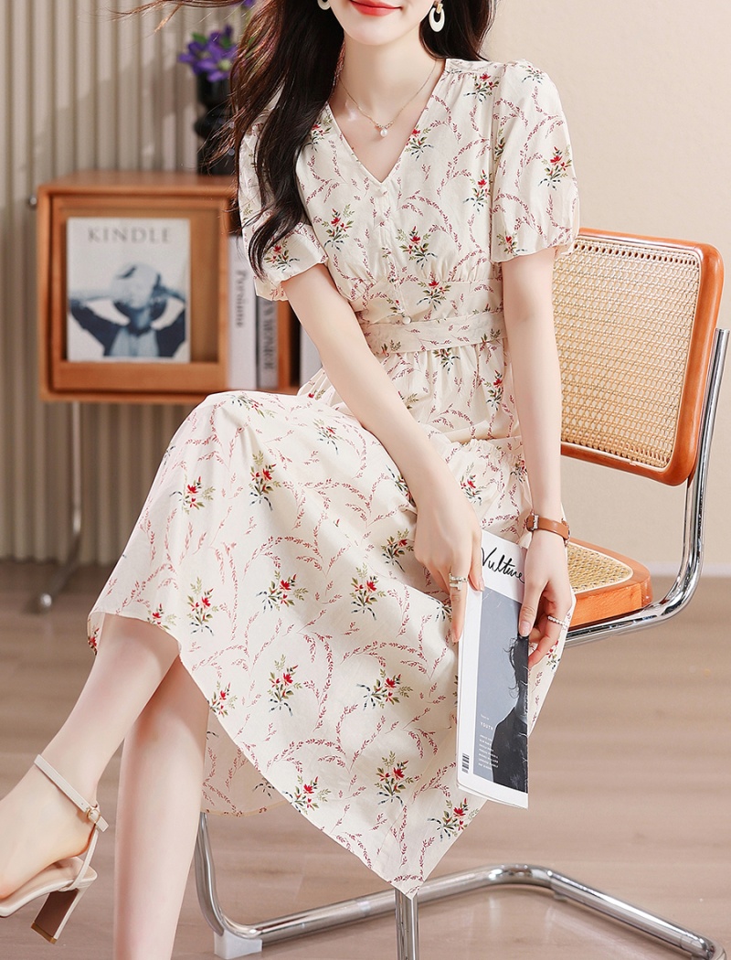 Pinched waist puff sleeve France style summer dress for women