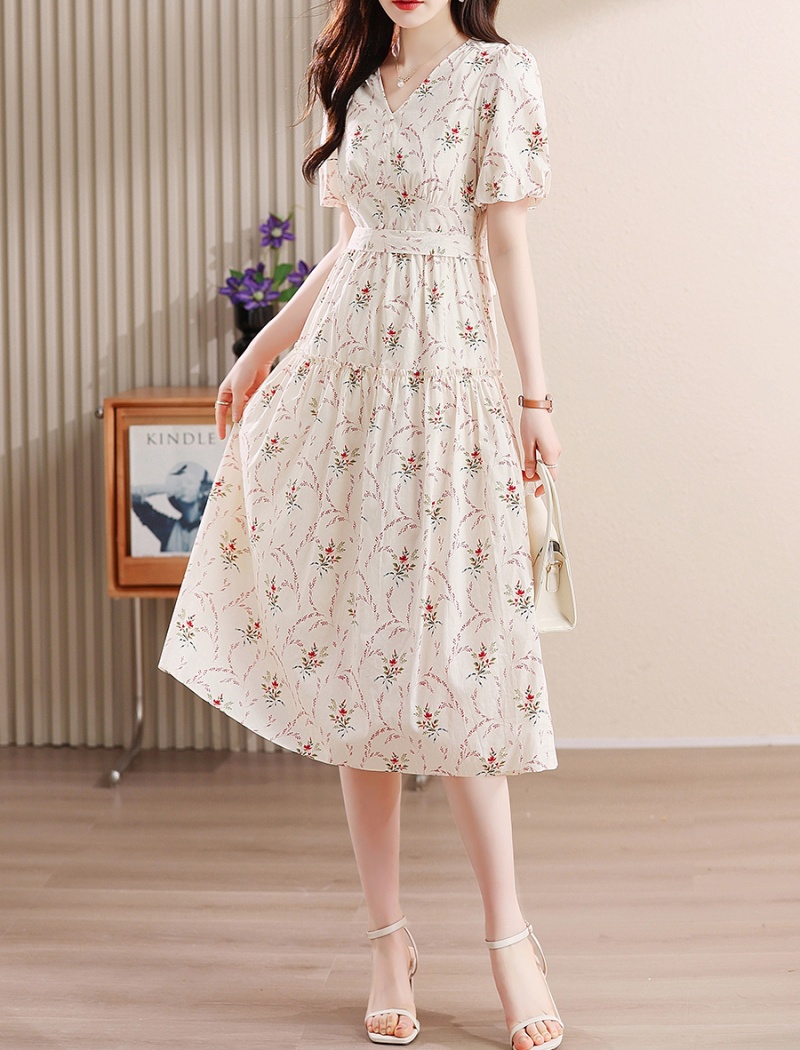 Pinched waist puff sleeve France style summer dress for women