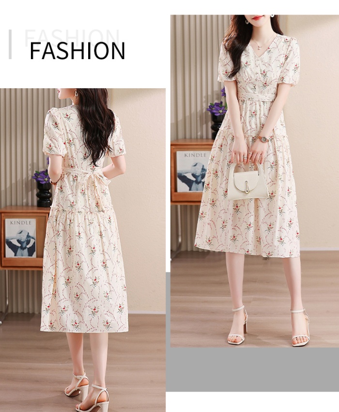 Pinched waist puff sleeve France style summer dress for women