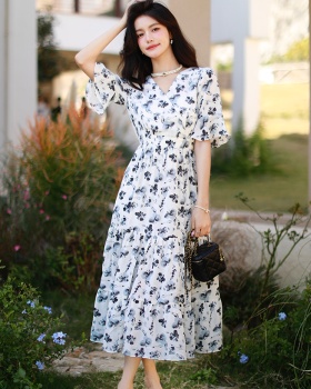 Floral V-neck long dress lotus sleeve dress for women