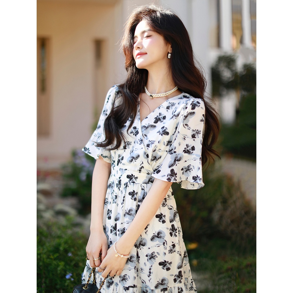 Floral V-neck long dress lotus sleeve dress for women