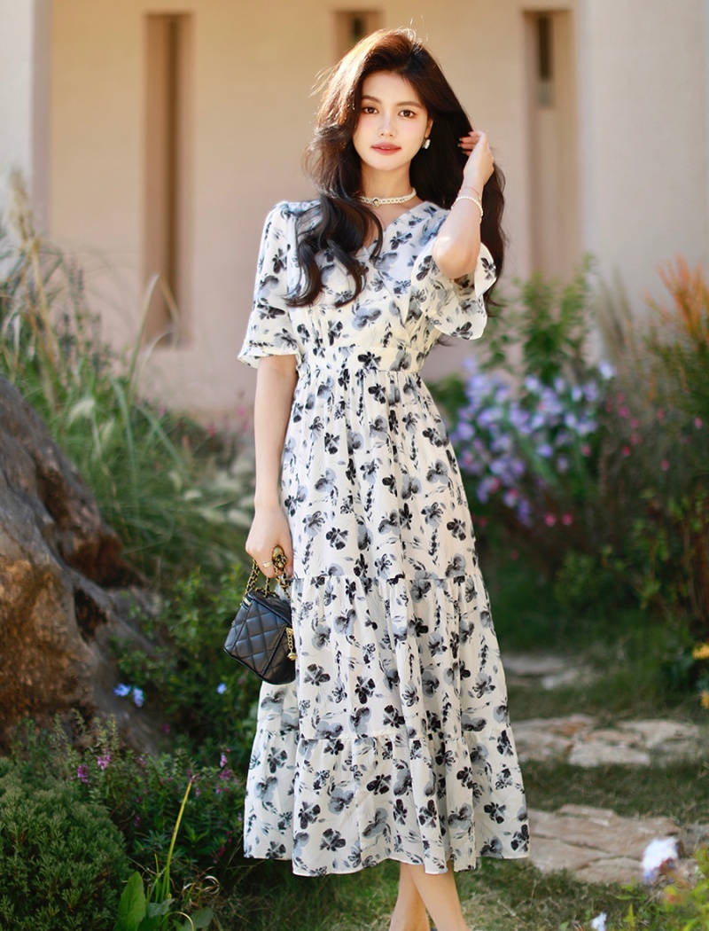 Floral V-neck long dress lotus sleeve dress for women