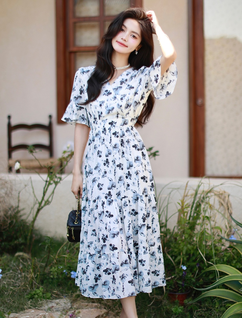 Floral V-neck long dress lotus sleeve dress for women