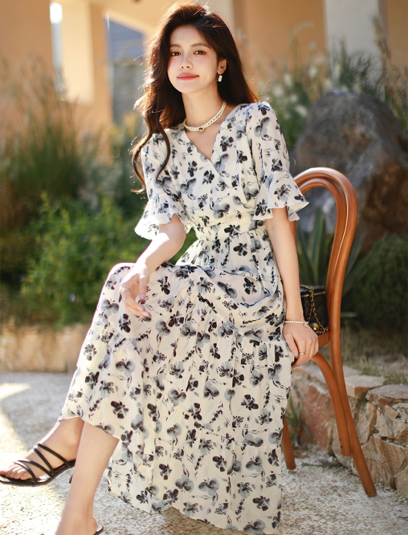 Floral V-neck long dress lotus sleeve dress for women