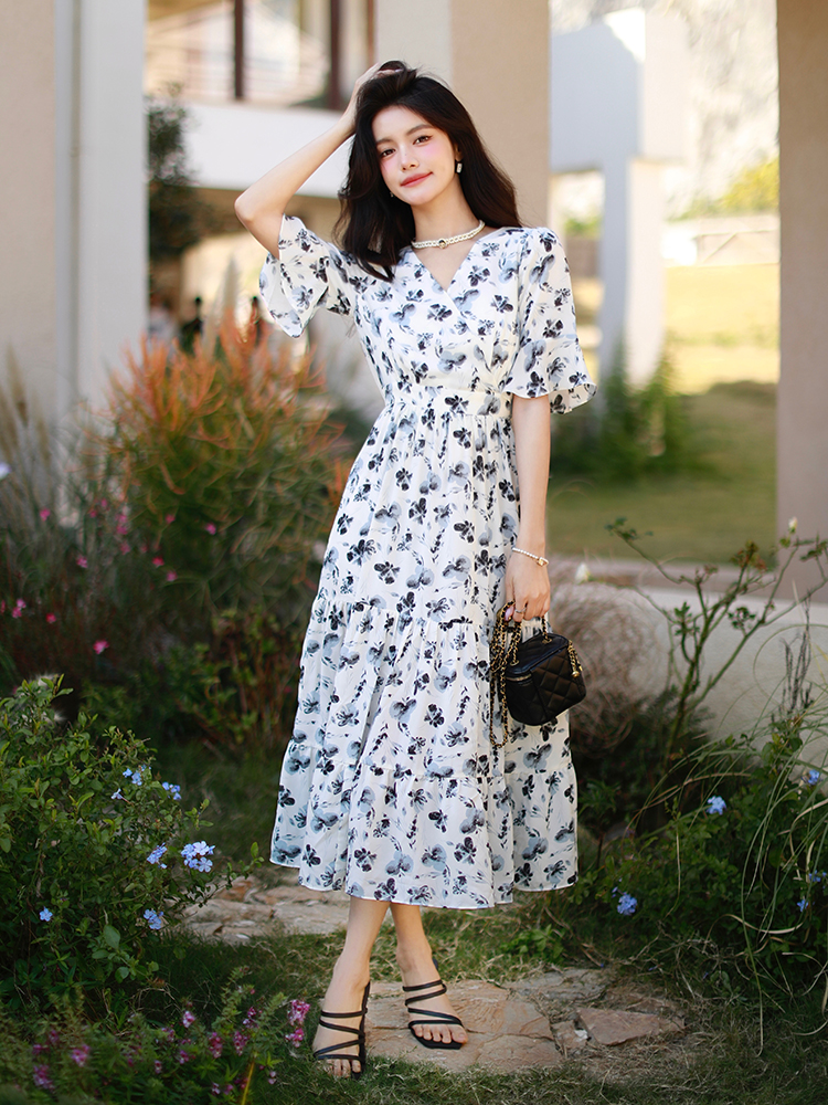 Floral V-neck long dress lotus sleeve dress for women