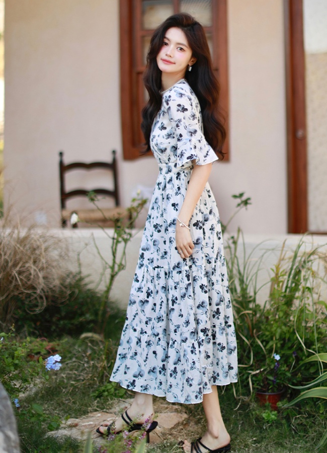 Floral V-neck long dress lotus sleeve dress for women