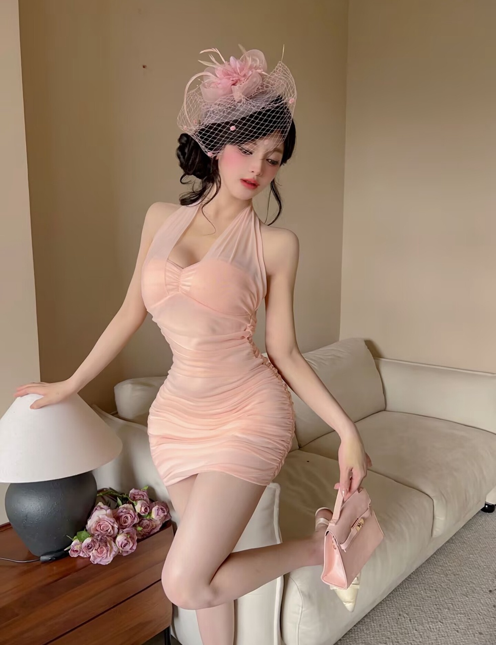 Gauze package hip wrapped chest halter dress for women