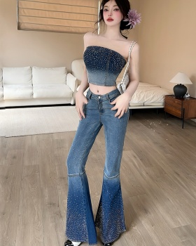 Rhinestone wrapped chest long pants short retro tops 2pcs set