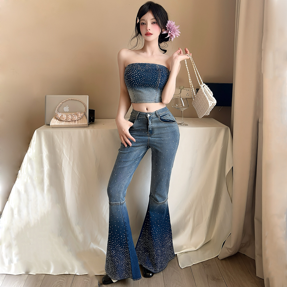 Rhinestone wrapped chest long pants short retro tops 2pcs set