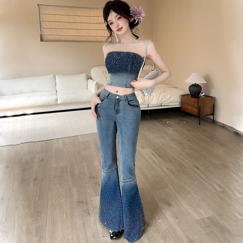 Rhinestone wrapped chest long pants short retro tops 2pcs set