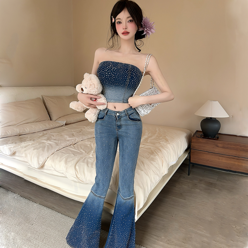 Rhinestone wrapped chest long pants short retro tops 2pcs set