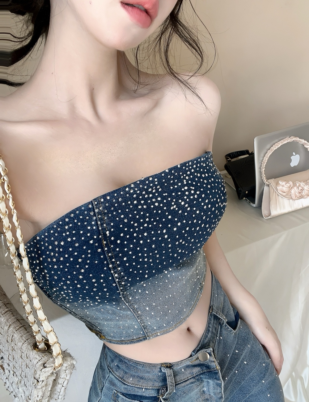 Rhinestone wrapped chest long pants short retro tops 2pcs set