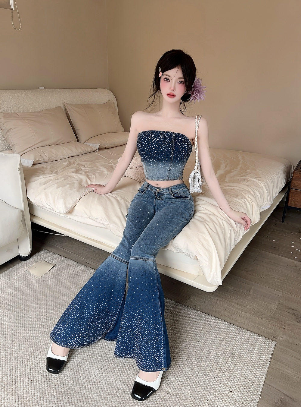 Rhinestone wrapped chest long pants short retro tops 2pcs set