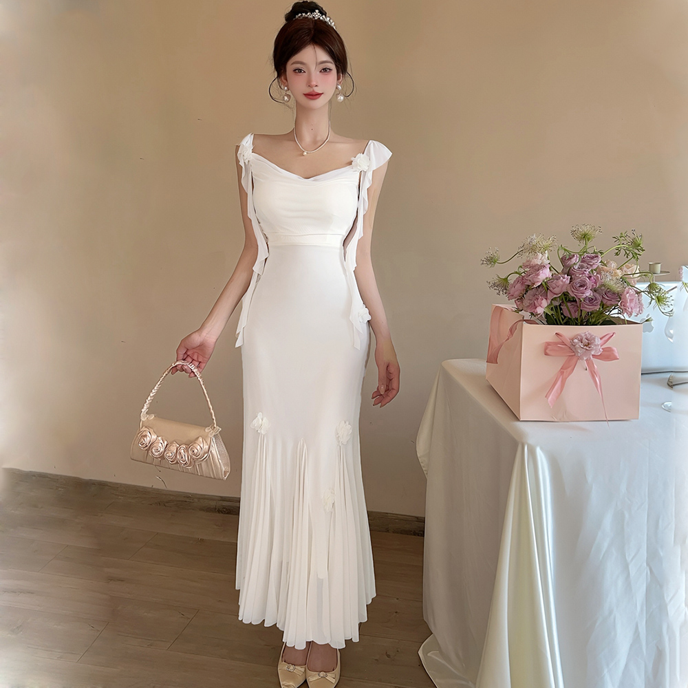 Enticement beautiful white dress sling France style long dress