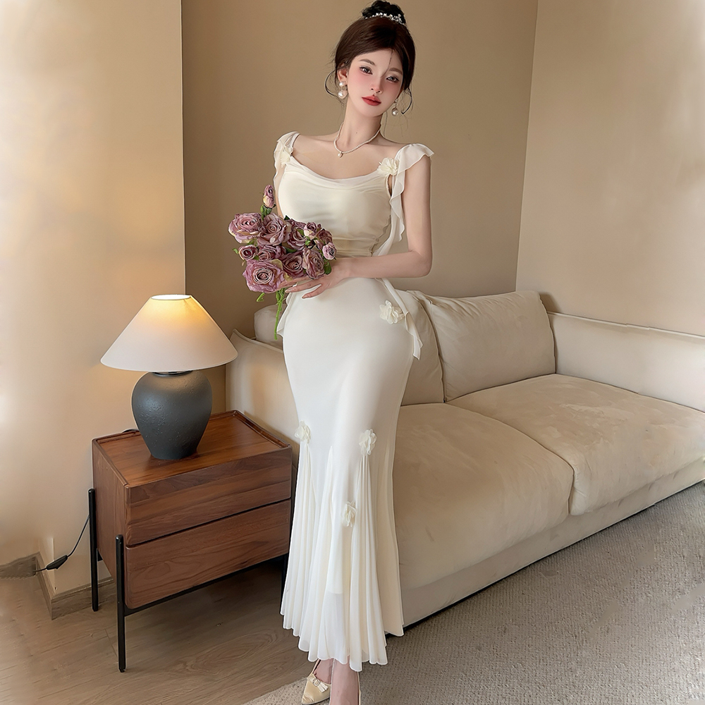 Enticement beautiful white dress sling France style long dress