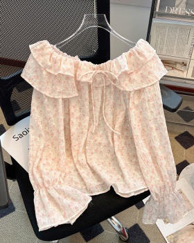 Chiffon floral shirt lotus leaf edges tops for women