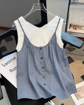 Korean style blue summer vest plaid sling tops 2pcs set