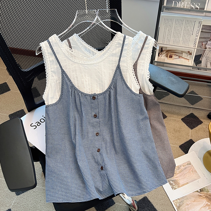 Korean style blue summer vest plaid sling tops 2pcs set