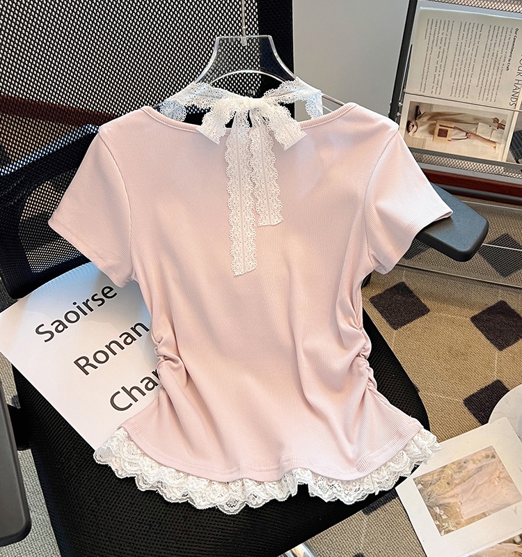 Lace Pseudo-two tops frenum T-shirt for women