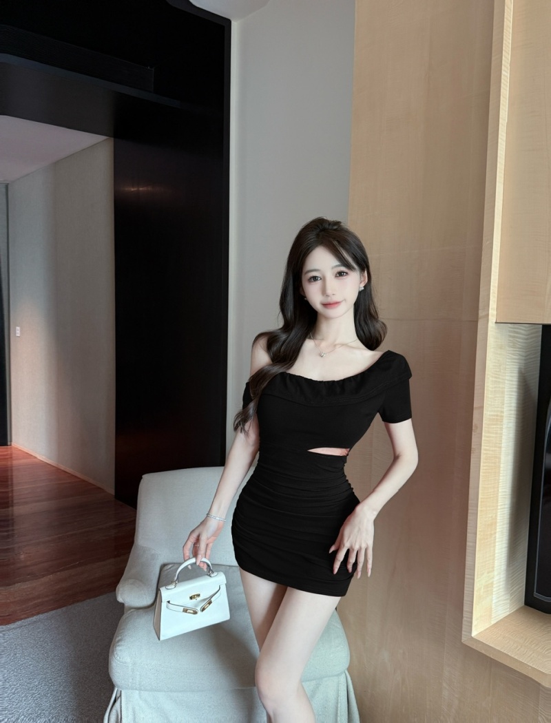 Shoulder cotton oblique collar sling splice dress