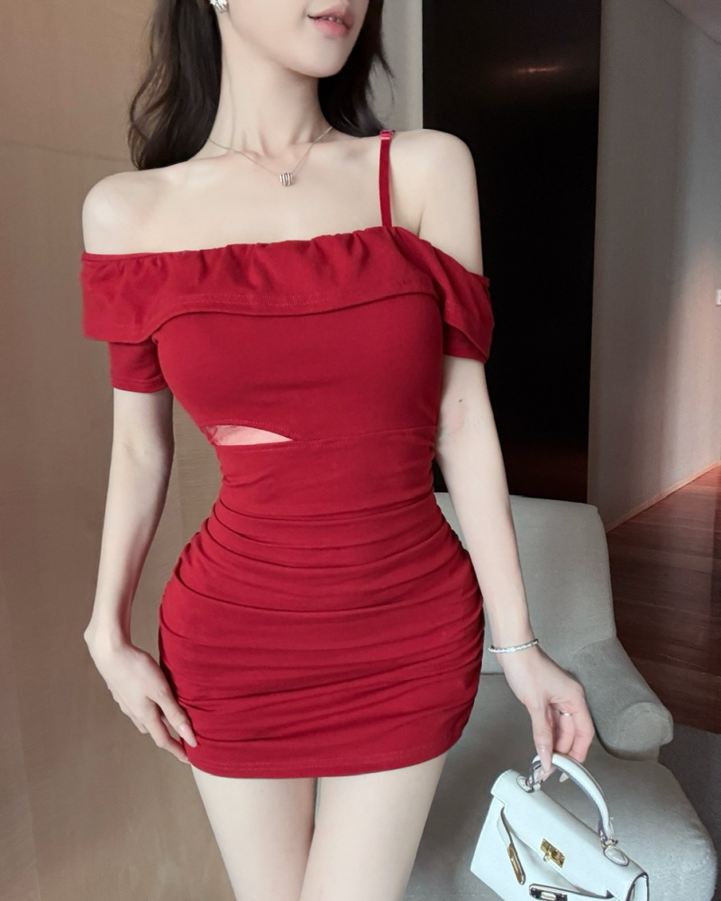 Shoulder cotton oblique collar sling splice dress