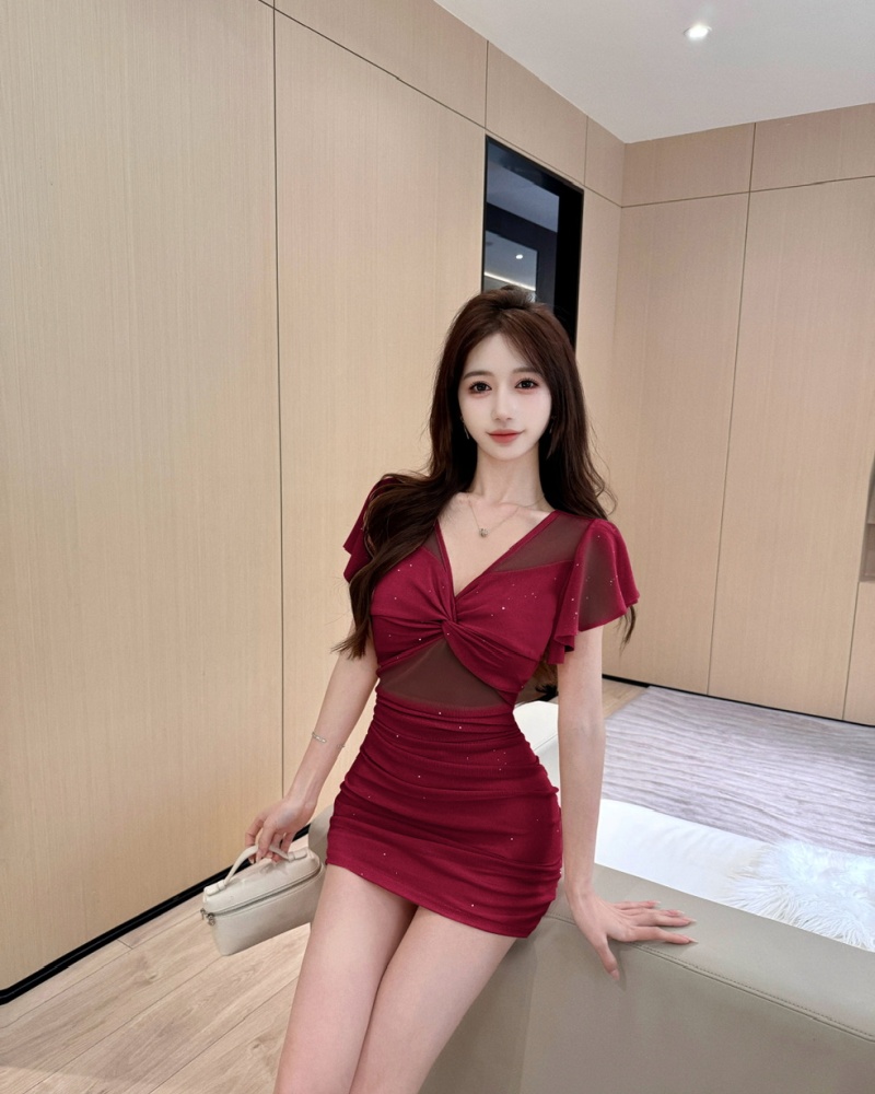 Sexy bottoming boats sleeve package hip short low-cut dress