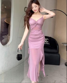 Long sexy gauze bottoming irregular sling dress