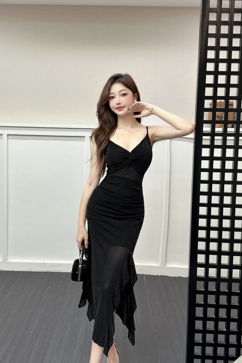 Long sexy gauze bottoming irregular sling dress