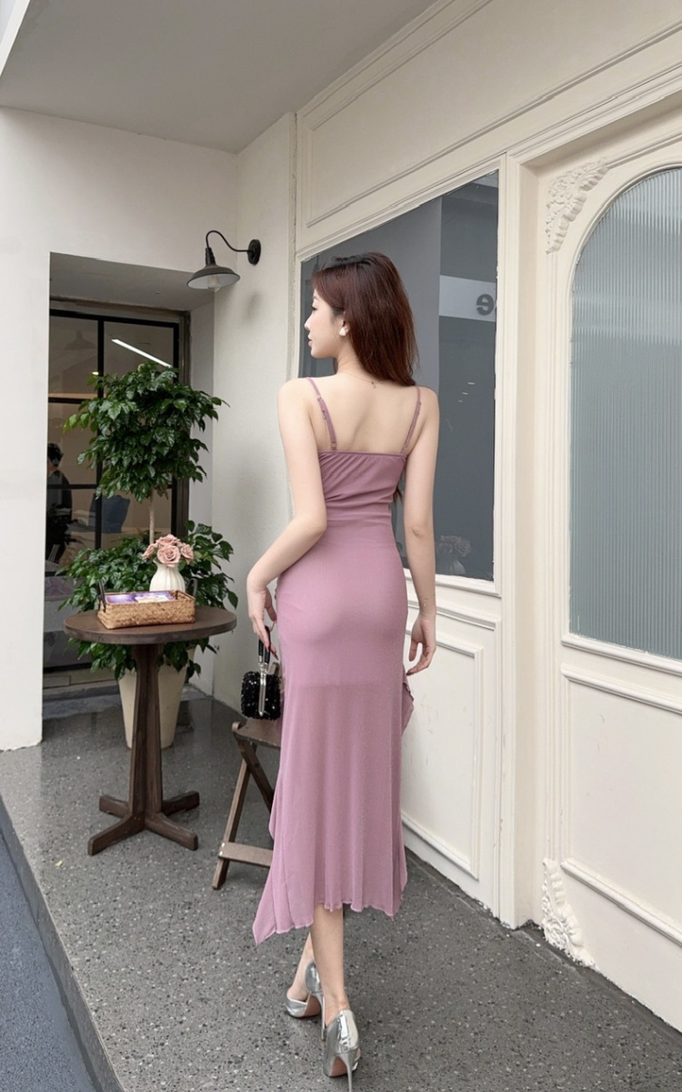 Long sexy gauze bottoming irregular sling dress