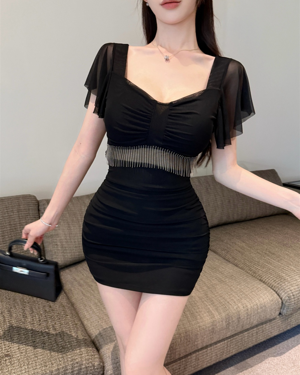 Bottoming tassels short sexy splice hollow dress