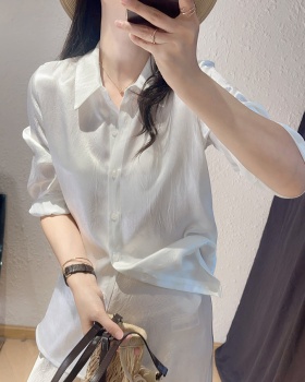 Spring loose wrinkle satin long sleeve shirt for women