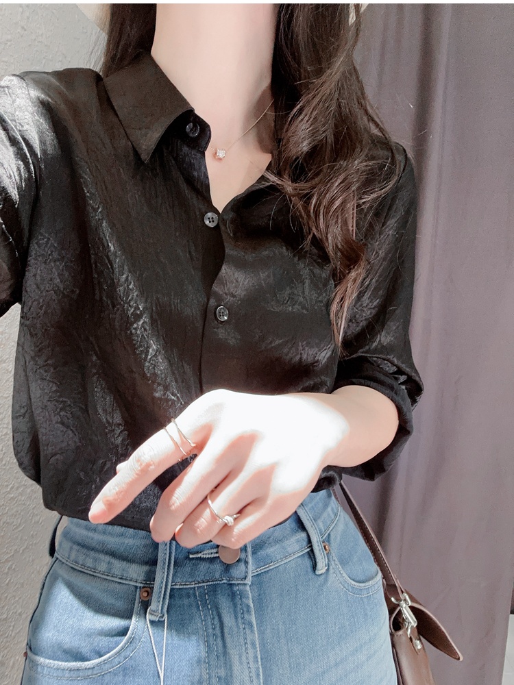 Spring loose wrinkle satin long sleeve shirt for women