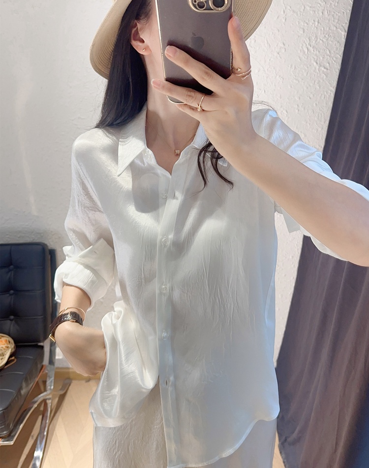 Spring loose wrinkle satin long sleeve shirt for women