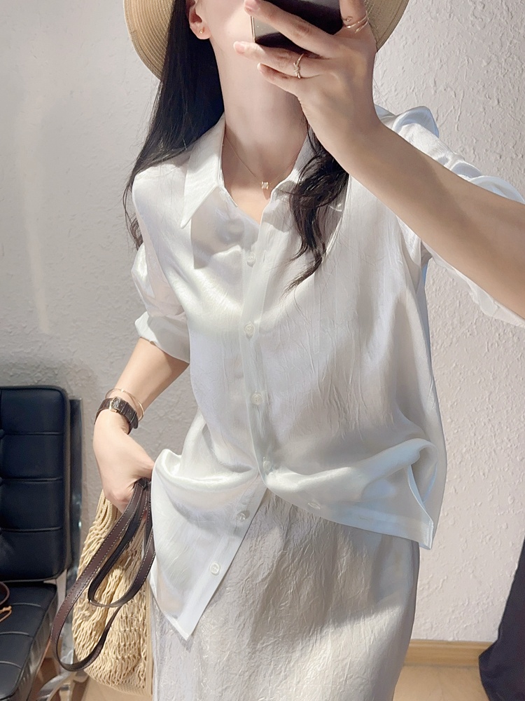 Spring loose wrinkle satin long sleeve shirt for women