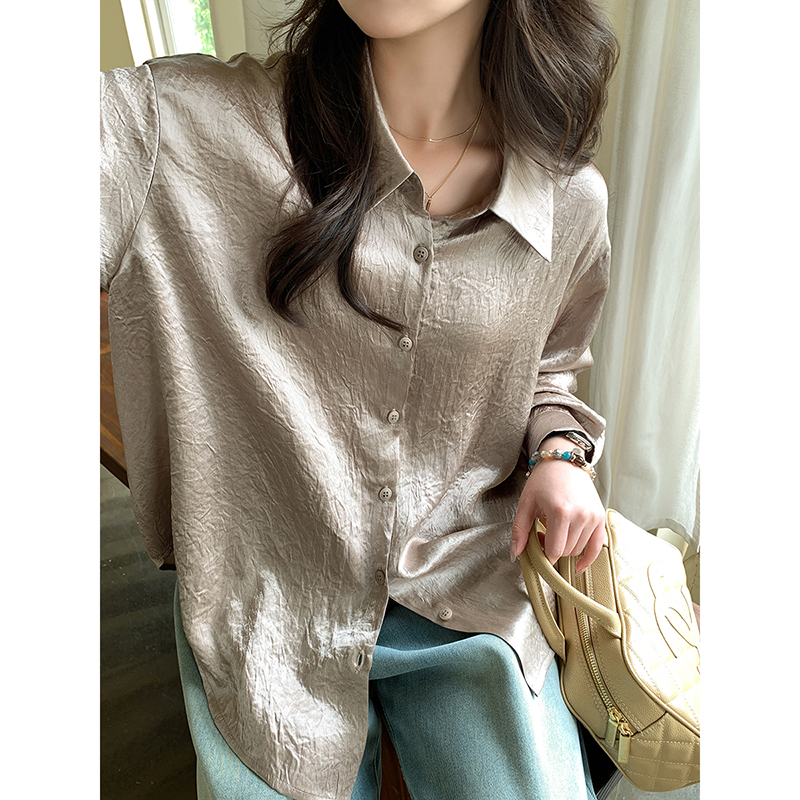 Spring loose wrinkle satin long sleeve shirt for women