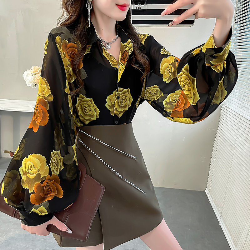 Printing France style chiffon shirt rose shirt