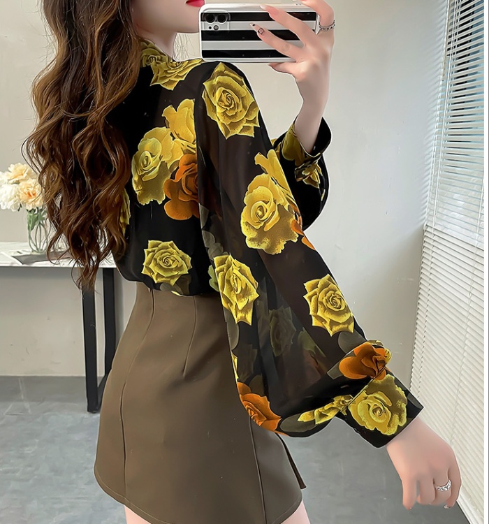 Printing France style chiffon shirt rose shirt