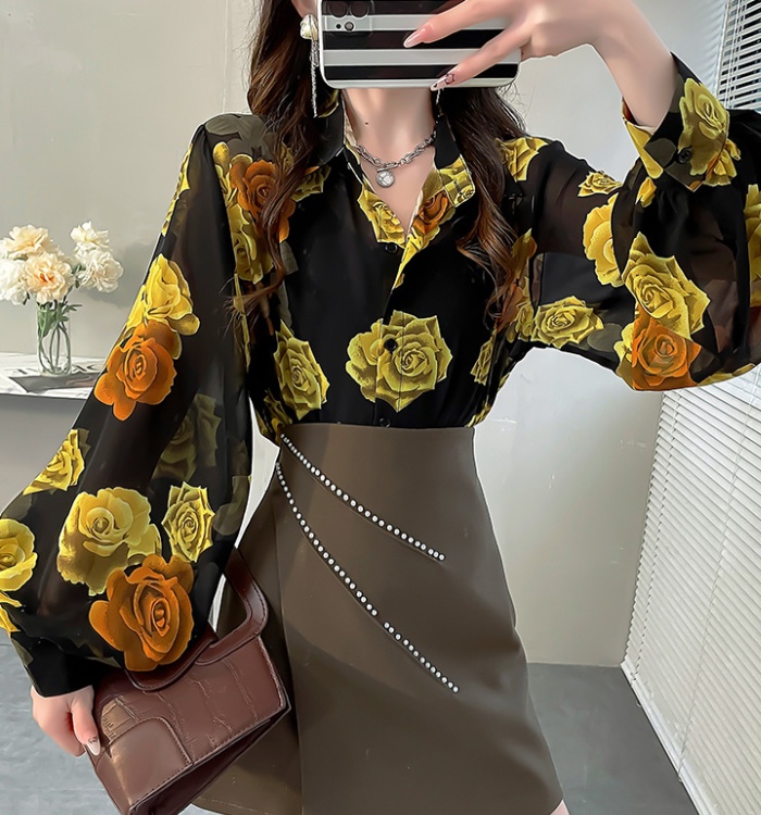 Printing France style chiffon shirt rose shirt