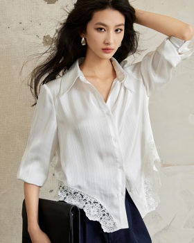 Vertical stripes chiffon long sleeve Korean style splice shirt