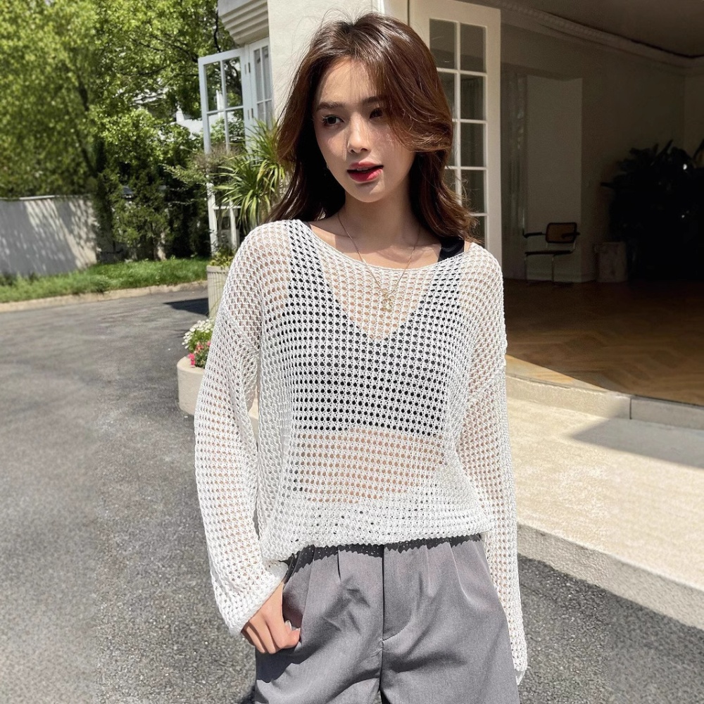 Thin long sleeve hollow smock all-match round neck shirts