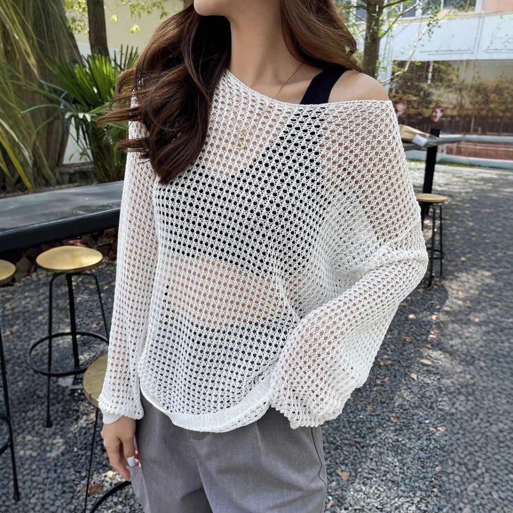 Thin long sleeve hollow smock all-match round neck shirts