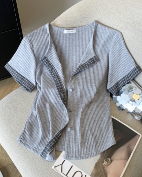 Fashion summer T-shirt plaid splice cardigan for women