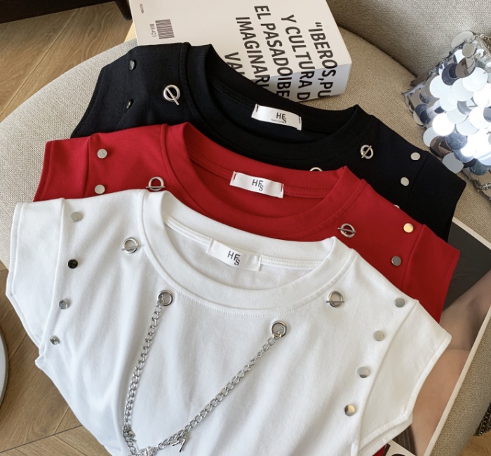 Unique rivet tops round neck Korean style T-shirt