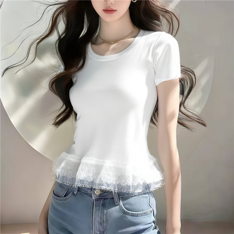 Square collar all-match tops clavicle T-shirt for women