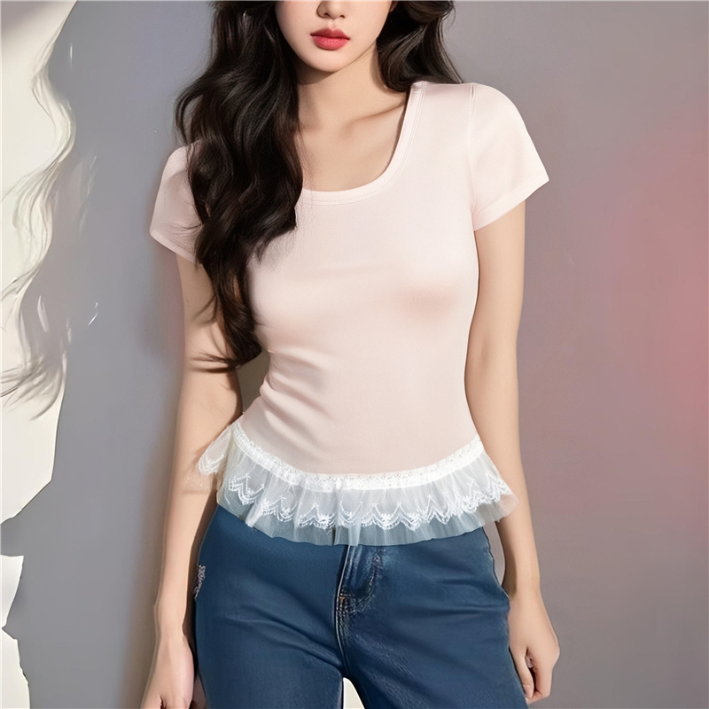 Square collar all-match tops clavicle T-shirt for women