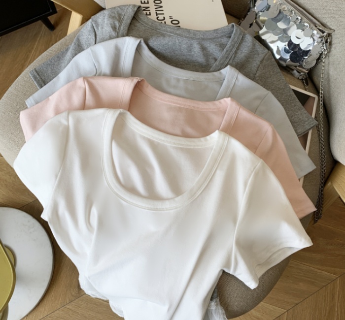 Square collar all-match tops clavicle T-shirt for women